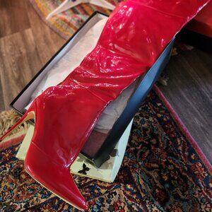New Pleaser Red Vinyl Thigh High Courtly 3012 5" Heels